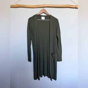 Pink Rose Olive Ribbed Open Cardigan Size L